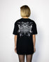 Schwarzes Harmony Techno T-Shirt für Raver von Technostoff, von hinten fotografiert, getragen von weiblichem Model